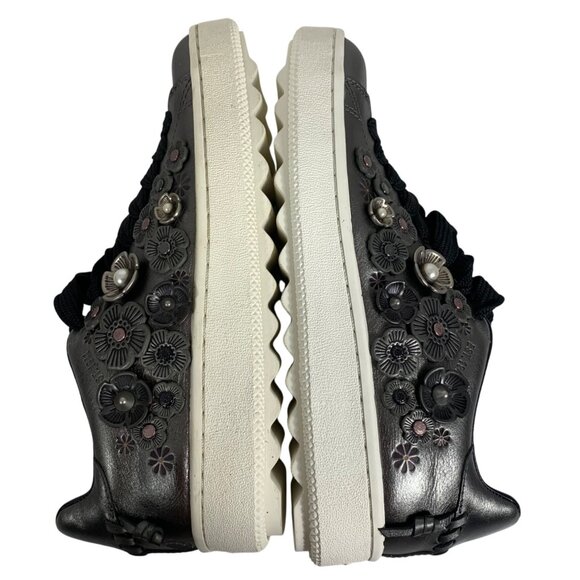 COACH Tea Rose Floral Low Top Leather Sneaker Women Size 7B Gunmetal - Pewter - Picture 2 of 10
